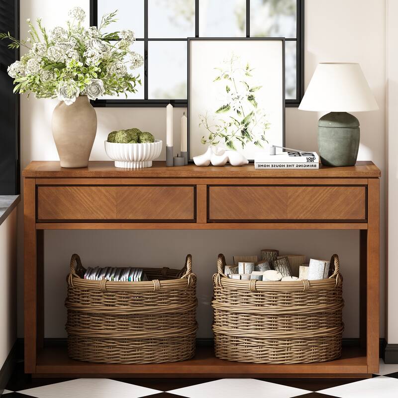 55" Console Table, Rustic Wooden Entryway Table Sofa Table with Storage Drawers and Open Storage Shelf, Hallway Tables Honey