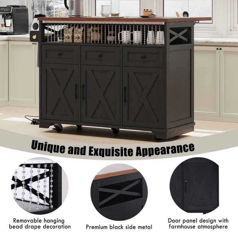 46.5'' Farmhouse Kitchen Island with Drape of Beads, Power Outlet and Internal Iron Shelf