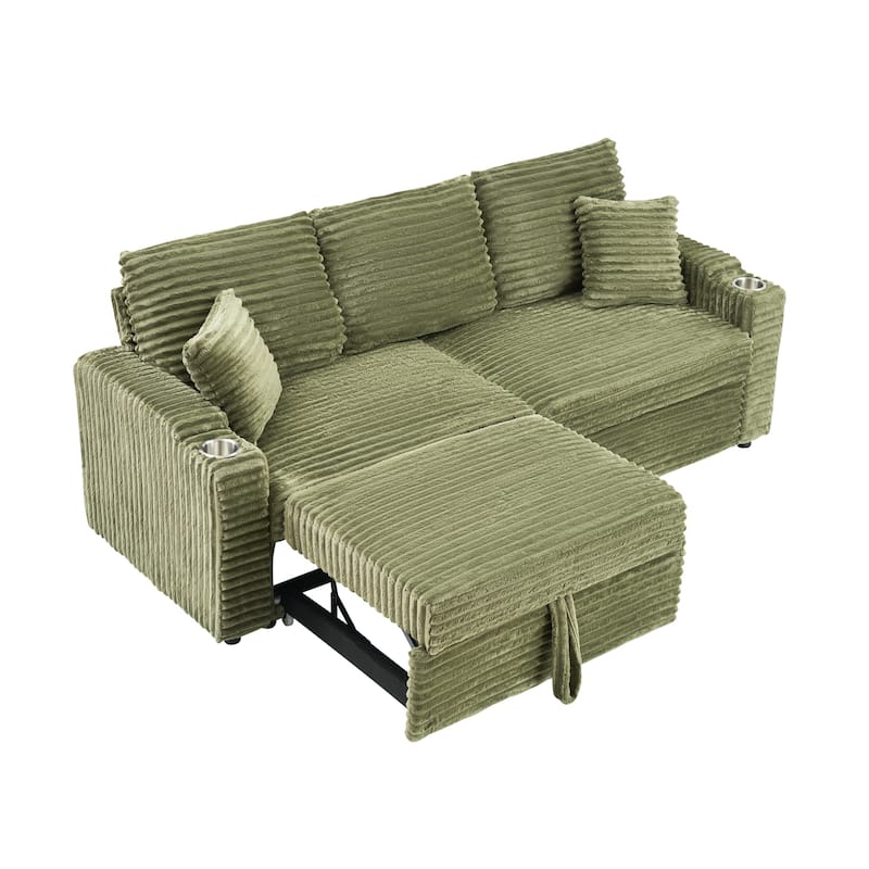 Roomfitters Corduroy Pull Out Sofa Bed with Cup Holders, 2-in-1 Folding Couch for Space Saving Living Room Comfort