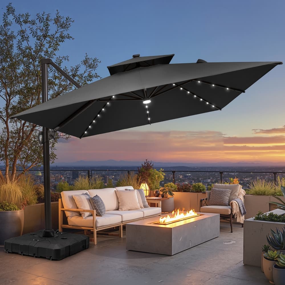 10 X 13 FT Outdoor Patio Cantilever Umbrella with Solar Lights All-Weather Wheeled Base Double Canopy 360 Rotation Tilt