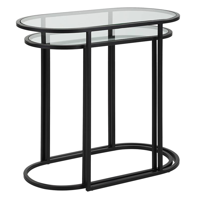 Matte Black Iron and Glass Elongated Oval Nesting Tables (Set of 2) - 22"H x 24"W x 12.5"D
