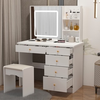 Kerrogee Makeup Vanity Set with Adjustable Lighted Mirror & Stool - 39.4"L x 19.7"W x 53.5"H