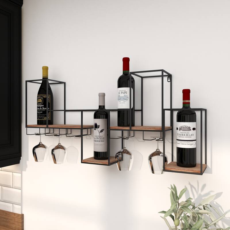 Black Metal 7 Bottle Geometric Wall Wine Rack with 5 Glass Holder Slots
