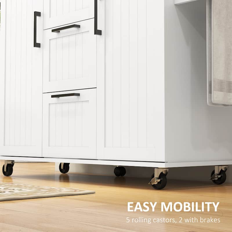 Rolling Kitchen Island on Wheels with Drop Leaf, Rubber Wood Top Kitchen Cart with Drawers, Cabinets, Spice Rack and Towel Rack