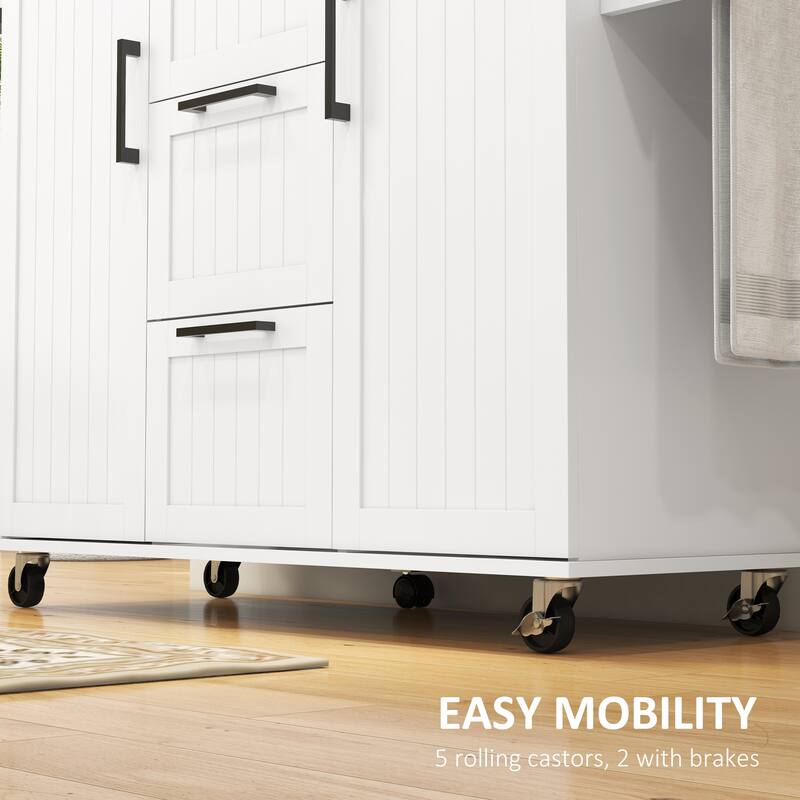 Rubber Wood Drop Leaf Kitchen Island with 3 Drawers & 2 Cabinets, Rolling Kitchen Cart on Wheels with Spice Rack & Towel Rack