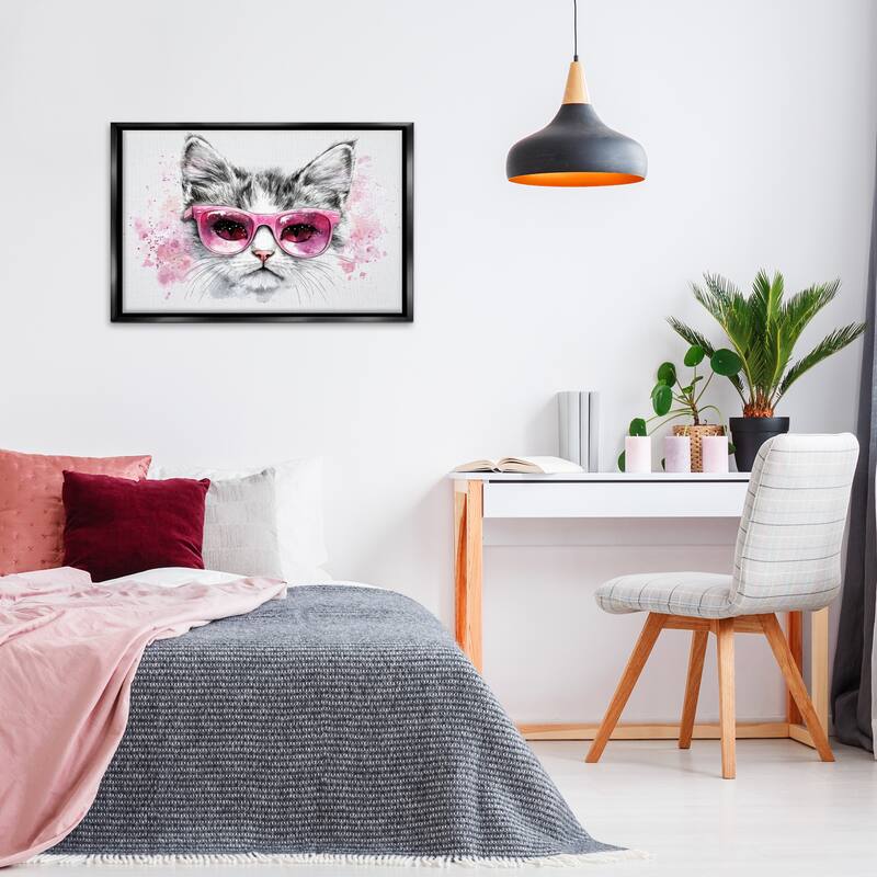 Stupell Cool Cat with Sunglasses Framed Floater Canvas Wall Art Design By LSR Creative Studio