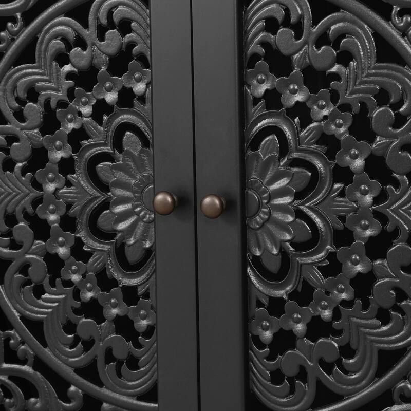 Buffet Cabinet with Floral Carvings with Solid Wood Legs&Antique Brass Handles&Adjustable Shelves,