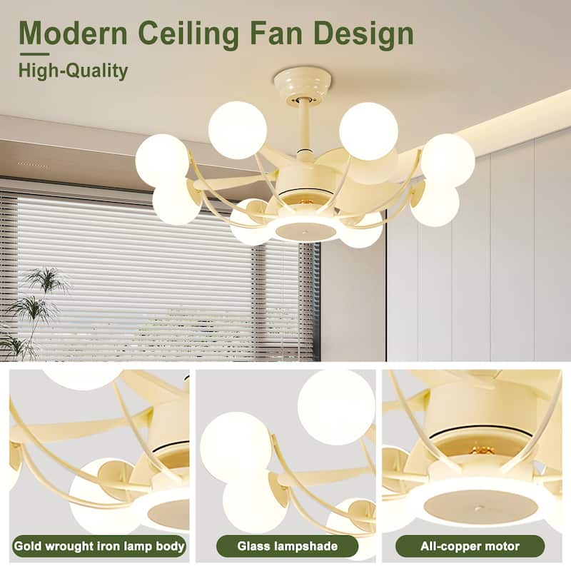 Indoor Black Modern Ceiling Fan with Light, Reversible Fandelier with Bulbs and Remote for Living Room