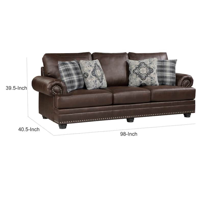 Jade 98 Inch Sofa, Rich Brown Microfiber, 4 Pillows, Soft Cushions, Wood