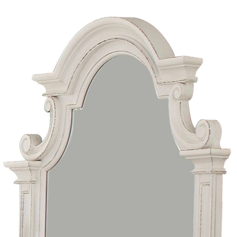 Scalloped Design Wooden Frame Mirror with Distressed Detail, White