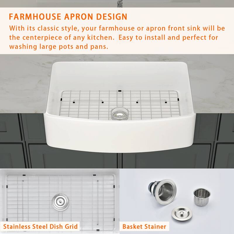 Dornberg Fireclay 30" L x 20" W Farmhouse Arch Edge Apron Fron Kitchen Sink