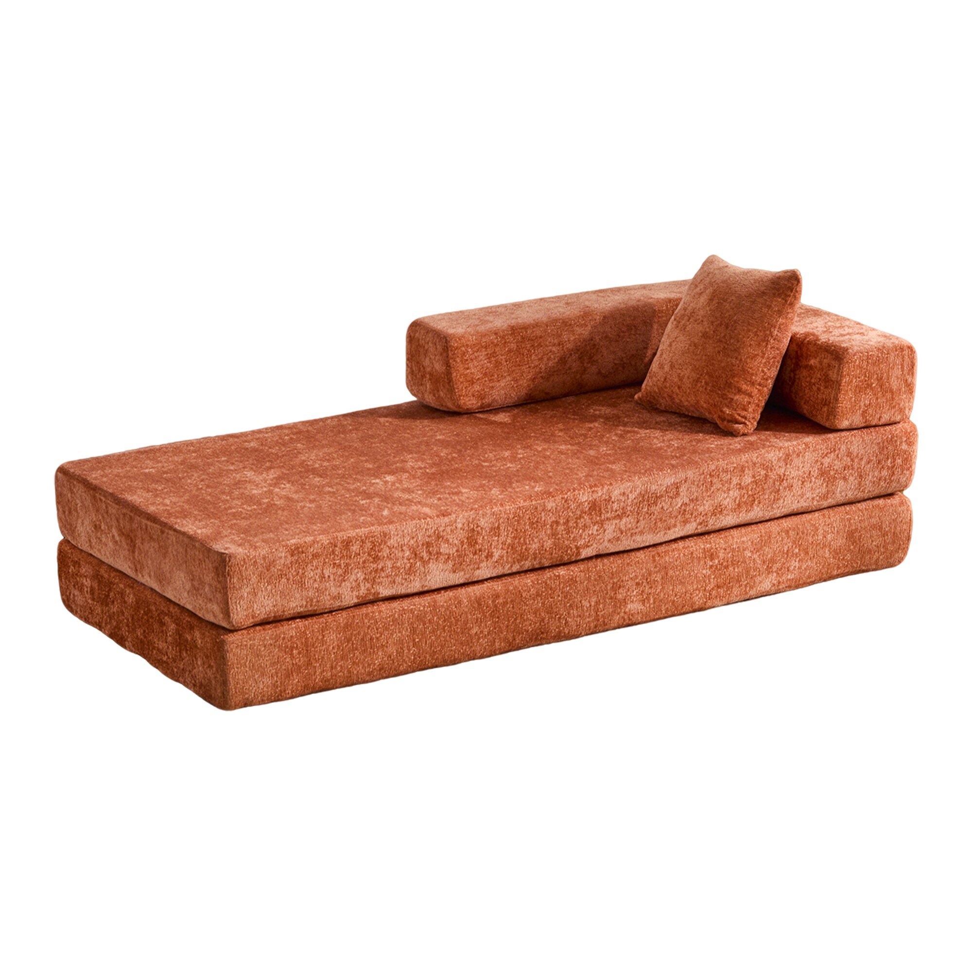 Convertible Floor Sofa Bed with Pillow, Orange Chenille, 77x37x24