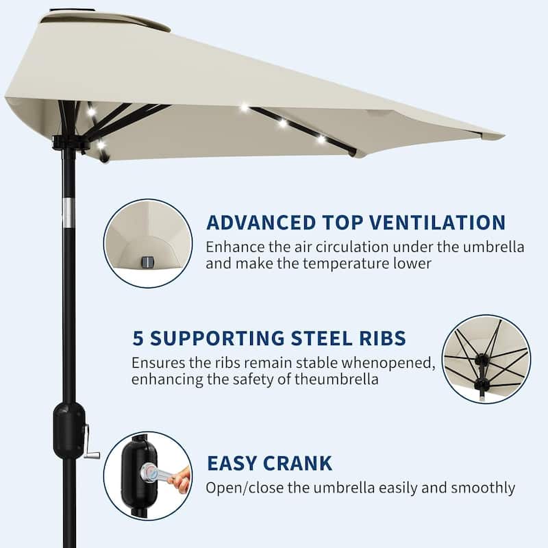 9ft Outdoor Patio Half Umbrella, with Solar LED Lights and Smooth Crank Lift