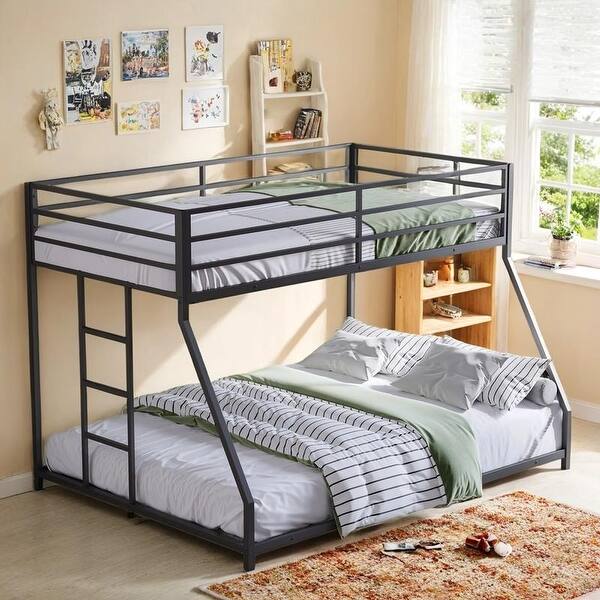 slide 2 of 14, Heavy-Duty Metal Bunk Bed, Twin Over Full with Removable Stairs Black
