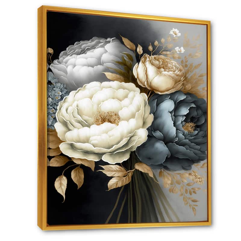 Designart "White, Blue And Grey Peony Bouquet III" Floral & Botanical Framed Canvas Art Print