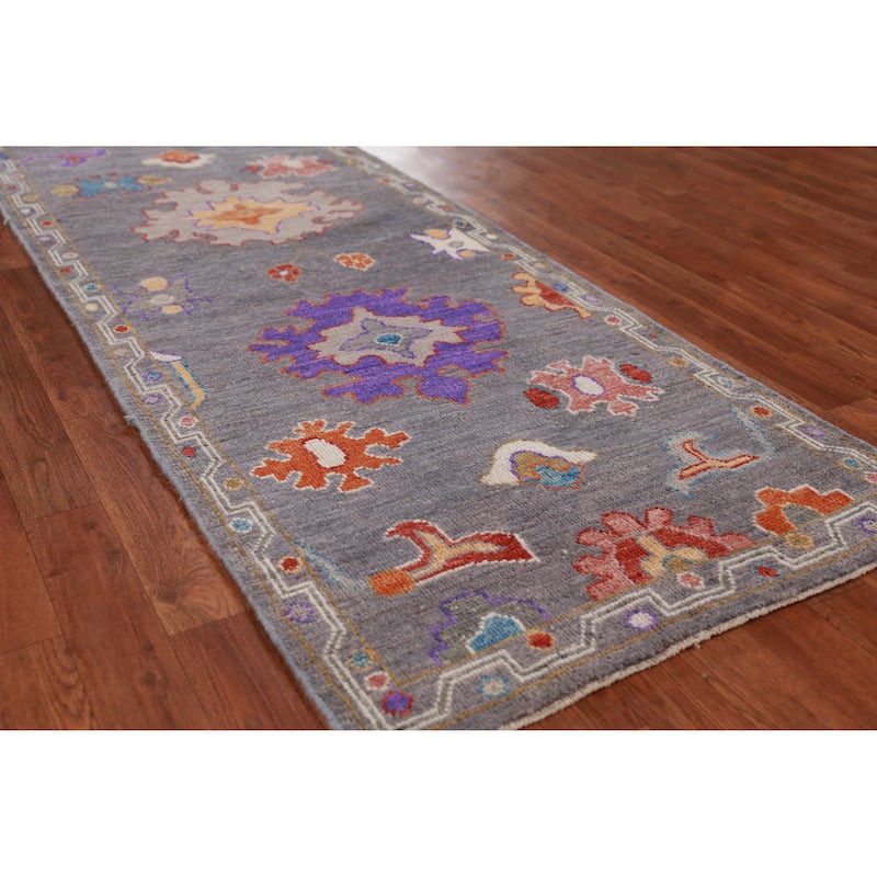 Hand Knotted Oriental 100% Wool Carpet Transitional Floral Greys & Charcoal Oushak Runner Rug - 9' 10'' X 2' 8''