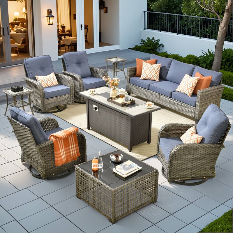 XIZZI Outdoor Patio Furniture Grey Wicker Conversation Seating Set - 9-Piece Fire Pit Set - Denim Blue