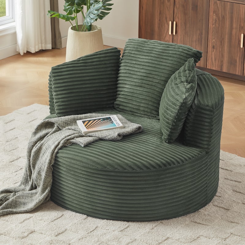 Compressible Corduroy Round Chair with Cushioned Backrest - Modern Comfort Seating for Living Room,Office - Green