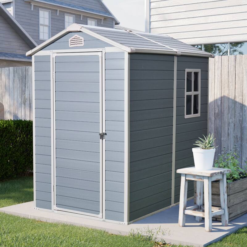 4ft x 6ft Resin Outdoor Storage Shed Plastic Garden Sheds with Floor and Lockable Door for Backyard, Lawn - Grey