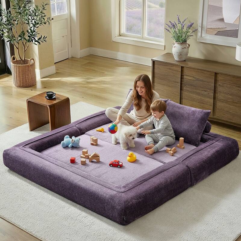 Modern Chenille Convertible Sofa Bed Queen Size Split Back Design