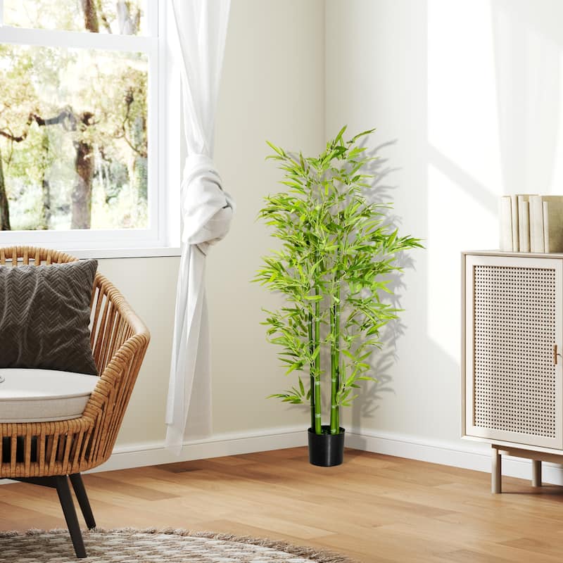 Artificial Bamboo Plant 59 Inch Green Lifelike Indoor Outdoor Decorative Plant with 336 Leaves and Cement Pot - 6.75" x 5.75" H