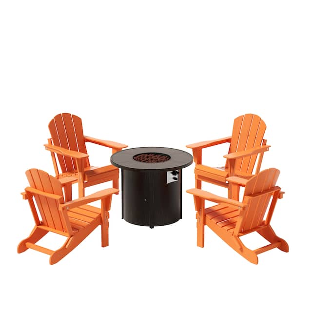(4) Laguna Folding Adirondack Chairs with Fire Pit Table Set - Orange
