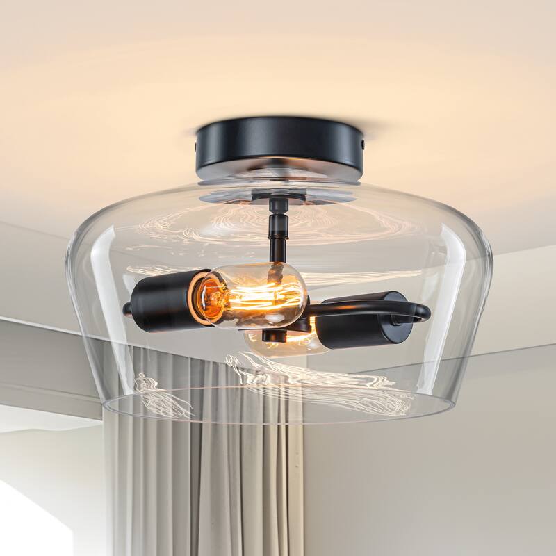 Starsky 2-Light Contemporary Drum Glass Semi Flush Mount - Black