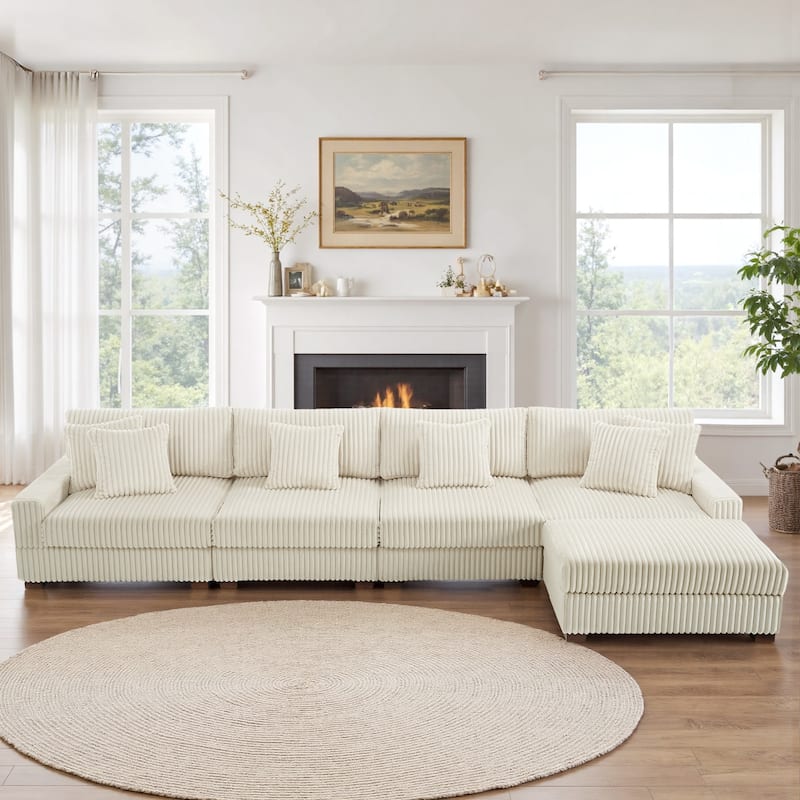 Anne 150" W Upholstered Plush Corduroy Modular Sectional Sofa - 5-Piece White