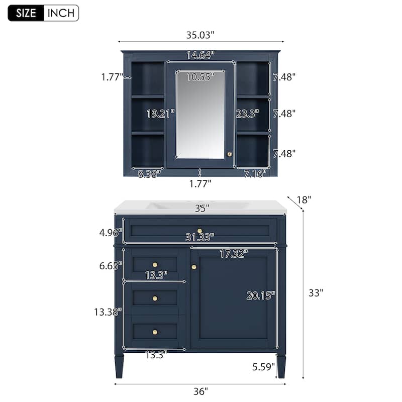 Roomfitters 36 Inch Bathroom Vanity with Sink and Mirror Cabinet, Storage Cabinet with 2 Doors and 4 Drawers