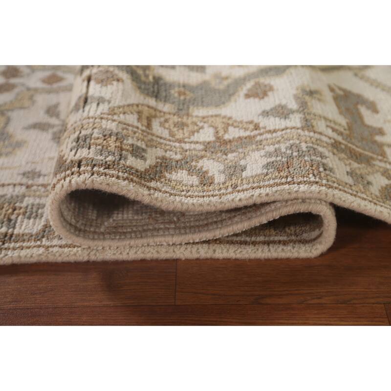 All-Over Ivory Oushak Oriental Runner Rug Hand-Knotted Wool Carpet - 2'6"x 11'9"