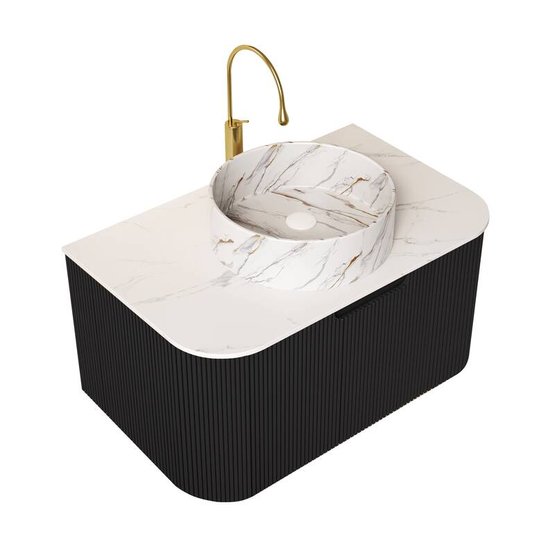 24 Inch/30 Inch/36 Inch Wall-Mounted Bathroom Vanity Cabinet with Counter Top Sink, Round Ceramic Basin with Stone Pattern