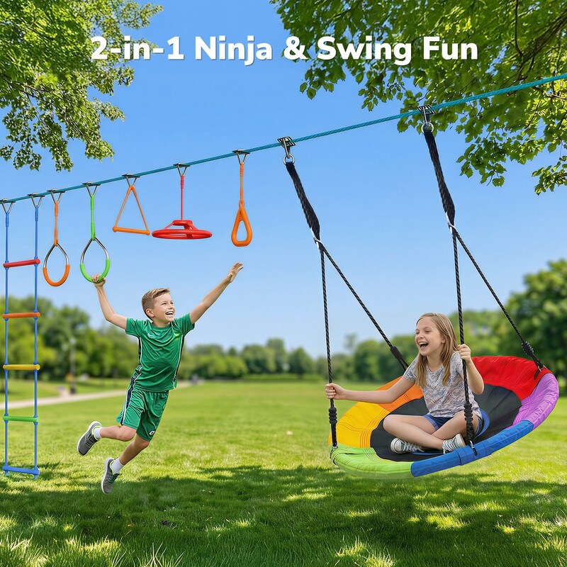 50FT Ninja Warrior Obstacle Course Sauser Swing Set for Kids, Tree