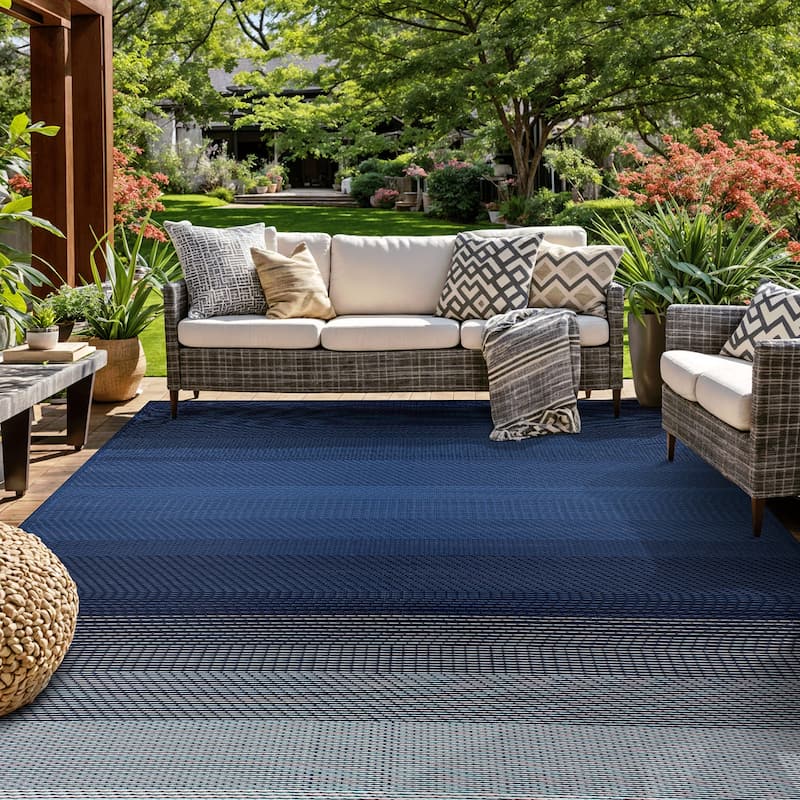 World Rug Gallery Contemporary Stripe Shade Geometric Reversible Recycled Plastic Outdoor Rugs - 5' X 7' - Navy