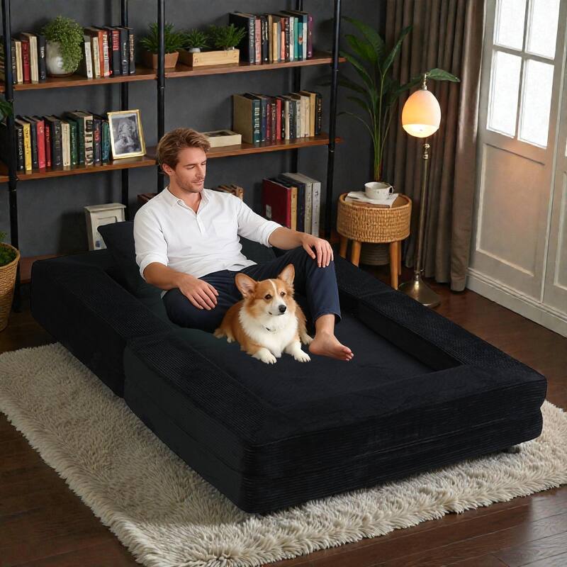 Compression Human Dog Sofa Bed, 3-in-1 Corduroy Floor Couch with Pillow, Folding Lounger for Adults & Pets
