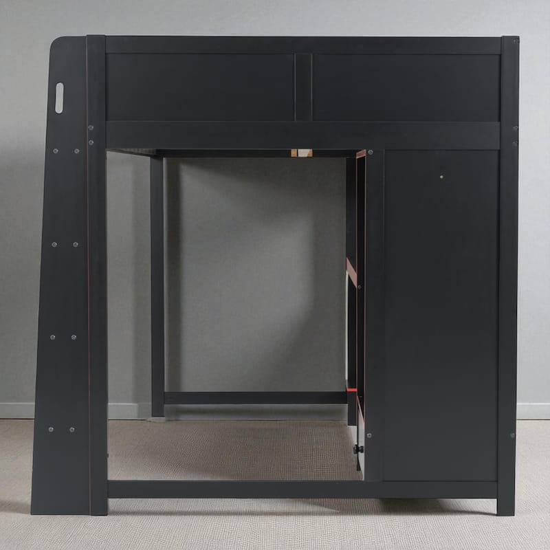 Wood Twin/Full Size Loft Bed with Desk, Wardrobe, LED Lights, Drawer and Hanging Rack - Space-Saving Gaming Workstation