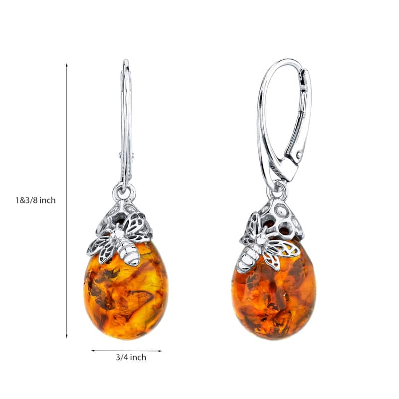 Baltic Amber Bee Drop Earrings in Sterling Silver