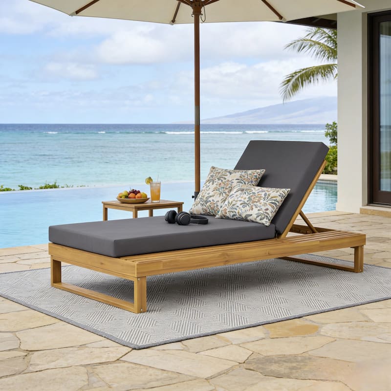 Christopher Knight Home - Modern Outdoor Acacia Wood Chaise Lounge with 4-Position Adjustable Backrest & 3-Fold Cushion