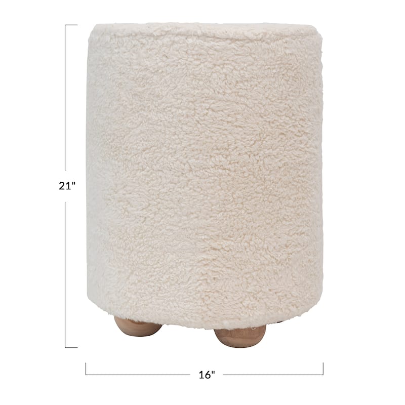 Round Cotton Sherpa Pouf with Pine Wood Feet