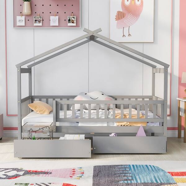slide 2 of 9, Gray Wood Twin Size Bunk Bed Classic House-shape Bed w/ Drawers Unisex Twin - Gray