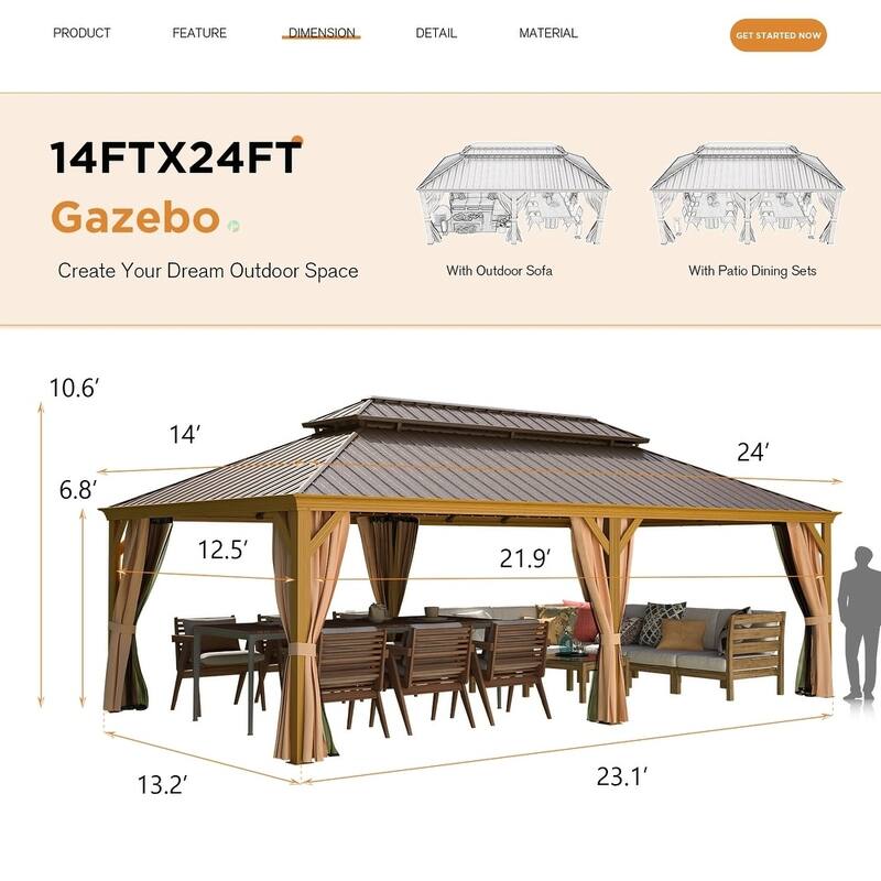 Erommy Pro Series Outdoor Galvanized Steel Roof Gazebo Pergola w/ Aluminum Frame & Vertical Rain Cutter