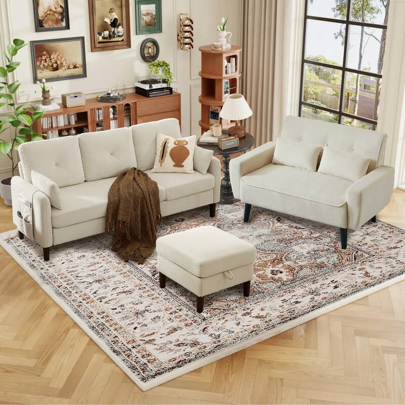 77.17" Corduroy 3 Pieces Living Room Sets with Sofa, Ottoman and Loveseat