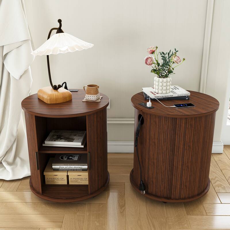 Roomfitters Round Nightstand with Charging Station, Mid Century Modern End Table with Sliding Door and USB, Walnut Finish - Walnut ( Set of 2)