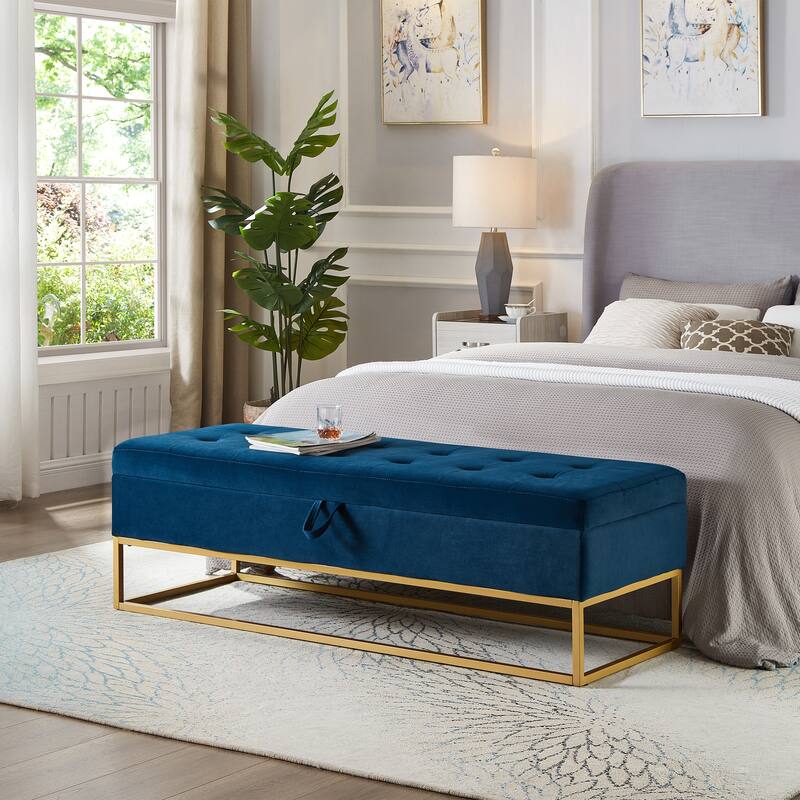 Velvet Upholstered Storage Seat Leisure Stool with Metal Frame, Exquisite End of Bed Corridor Stool with Button Tufting