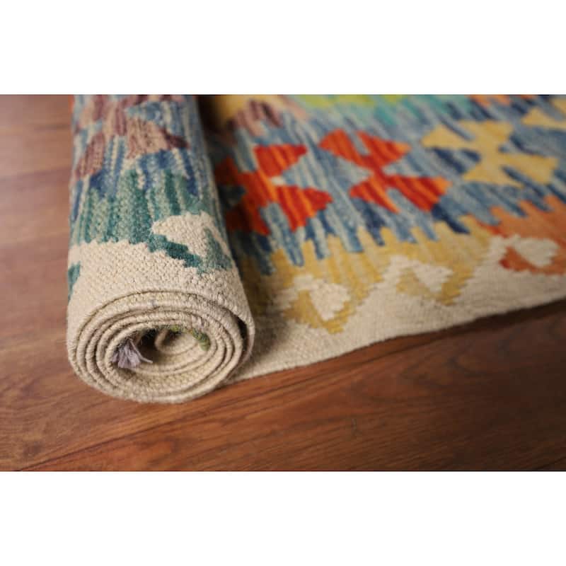 Geometric Colorful Kilim Oriental Area Rug Flatweave Wool Carpet - 9'9" x 13'0"