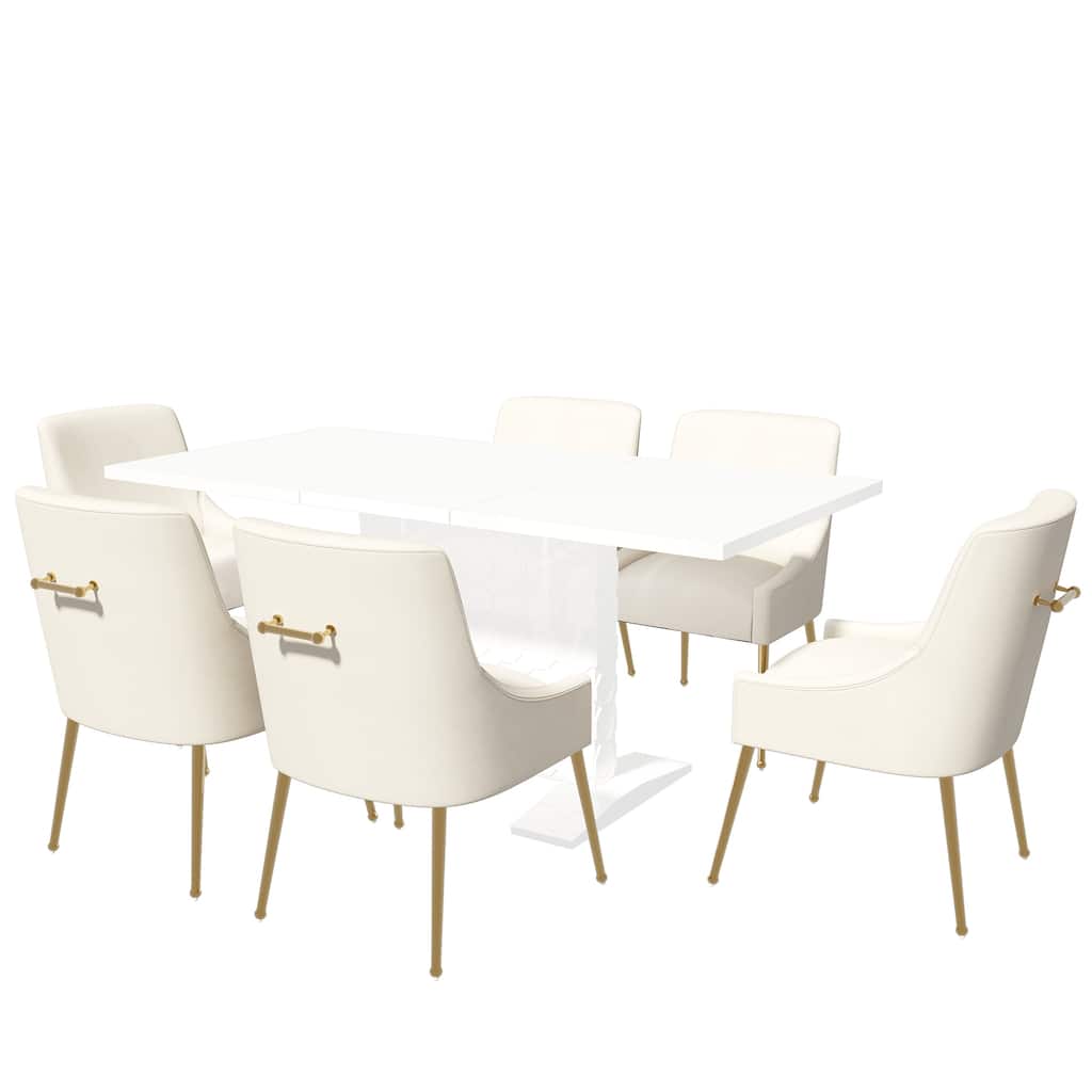 7-Piece Clihome High-gloss Extendable Table Velvet Chair Dining Set