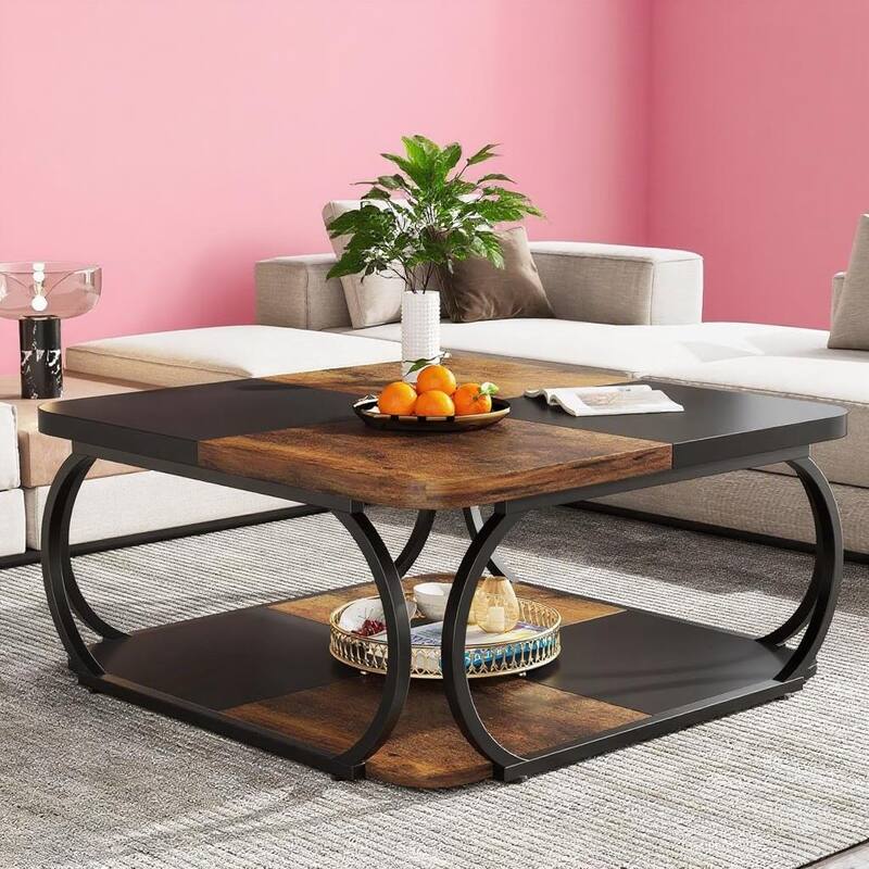 Rustic Brown and Black Square Coffee Table with Two-Tier Storage and Metal Frame for Living Room - 39.25”L x 39.25”L x 19.75”H
