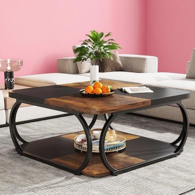 Rustic Brown and Black Square Coffee Table with Two-Tier Storage and Metal Frame for Living Room - 39.25”L x 39.25”L x 19.75”H
