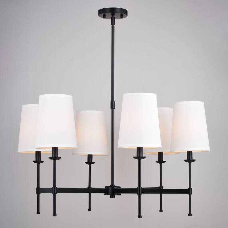 Camden 6 Light Matte Black Chandelier Fixture White Fabric Linen Shade, LED Compatible - 30-in W x 17.75-in H x 30-in D