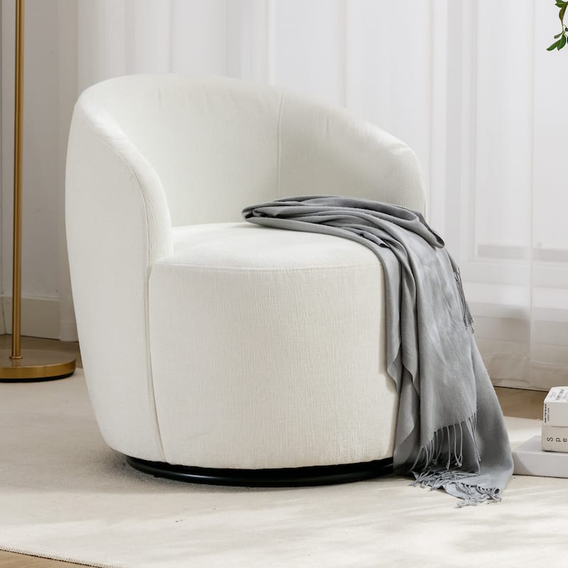 Ivory Chenille Modern 25.6" Upholstered Swivel Barrel Chair with Black Powder Coating and Metal Ring - Ivory Chenille