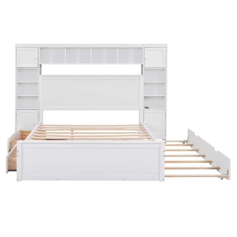 Queen Size Modern Wooden Bed with Cabinet, Shelf, and Sockets